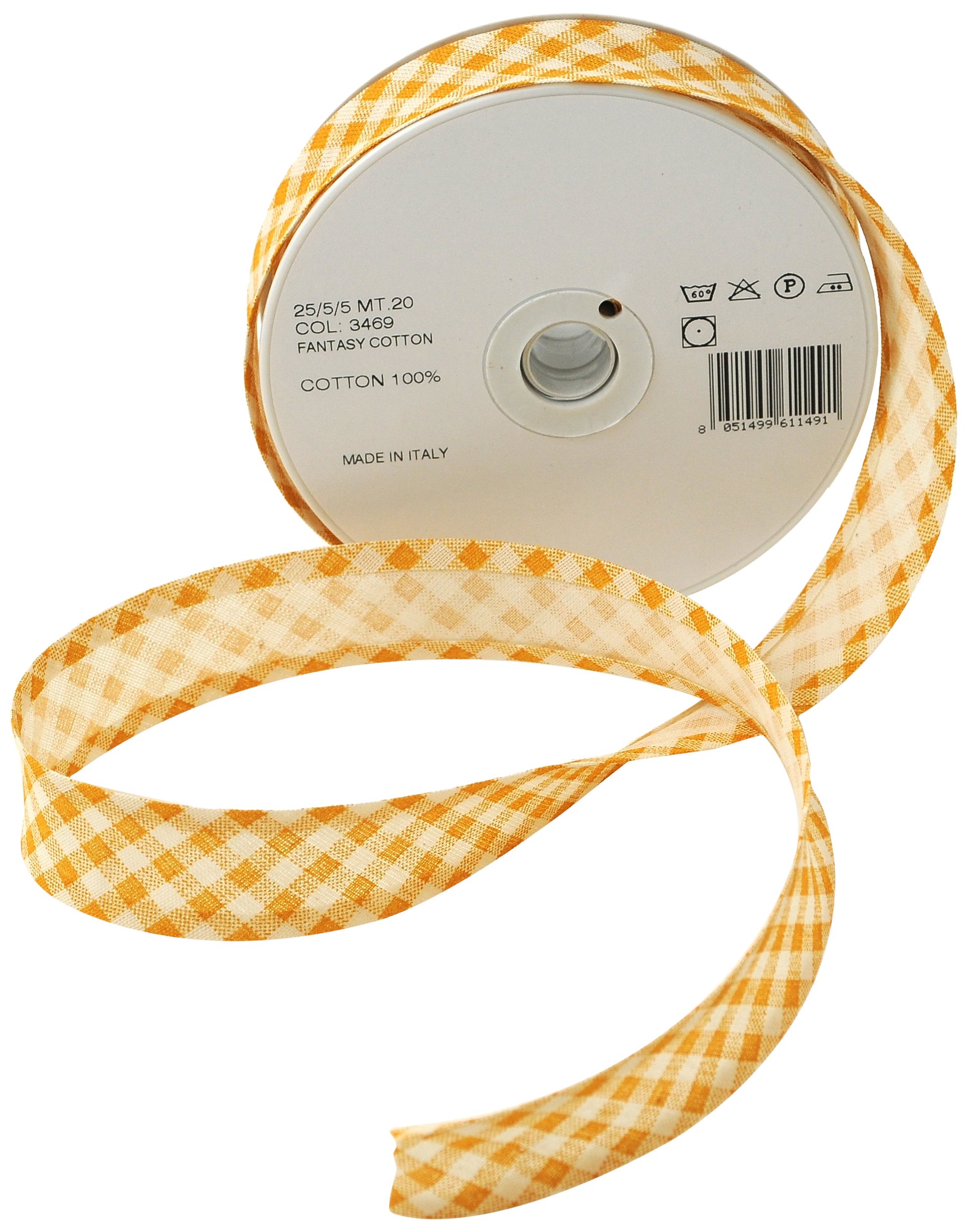 Inastri 25/5/ 5 mm Cotton Bias Binding in Mustard Yellow Rustic Gingham 3469, COL-3469