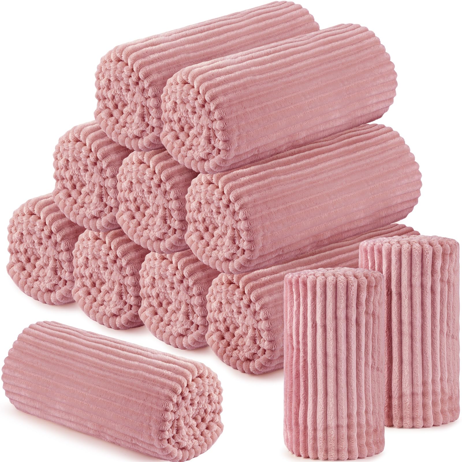 Photo 1 of Buryeah 12 Pcs Flannel Throw Blanket Bulk 50 x 60 Inch Wedding Throw Blanket Soft Lightweight Winter Blankets with Striped Ribbed for Sofa Room Couch Donation Homeless Gifts (Dusty Pink)