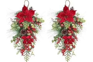 U'Artlines 2 Pcs Christmas Teardrop Swag for Front Door, 25 Inch Artificial Greenery Swag Winter Teardrop Xmas Swags with Red Berries Poinsettia Pine Cones Xmas Balls for Holiday Window Wall Decor