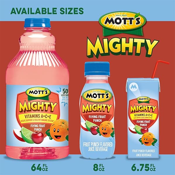 MOTT’S MIGHTY FLYING FRUIT PUNCH JUICE DRINK, 8 FL OZ BOTTLES, 24 COUNT (4 PACKS OF 6), 100% FRUIT JUICE WITH PURIFIED WATER, VITAMINS A, C AND E, NO ARTIFICIAL FLAVORS, COLORS OR SWEETENERS