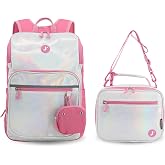 J World New York Junior Set Kids Backpack with Lunch Box. School Bookbag and Lunch Bag, Metallic Silver