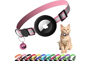 Seyezo Cat Collar with Air Tag Holder, Reflective Kitten Collar with Bell, Breakaway Airtag Cat Collar for Boys Girls Cats, GPS Tracker for Cats 0.4’’ Width Adjustable Safe Kitty Collar, Pink