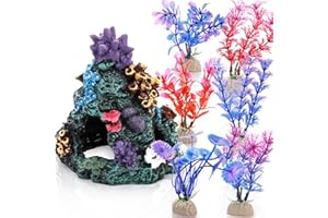 Eorbow 7 pcs Aquarium Colorful Coral Reef, Fish Tank Decoration Mountain Ornament, Rock Cave Landscape with 6 Aquatic Plants, Hideout House Decor for Betta Fish