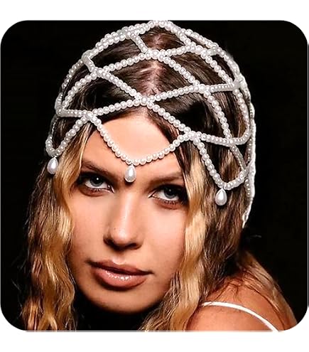 Amazon.com : Retro White Pearl Hair Cap Boho Pearl Head  display picture 2