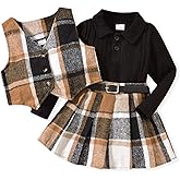 HINTINA Toddler Little Girl Sleeveless Button Vest Ribbed Long Sleeve Collar Top And Pleated Skirt With Belt
