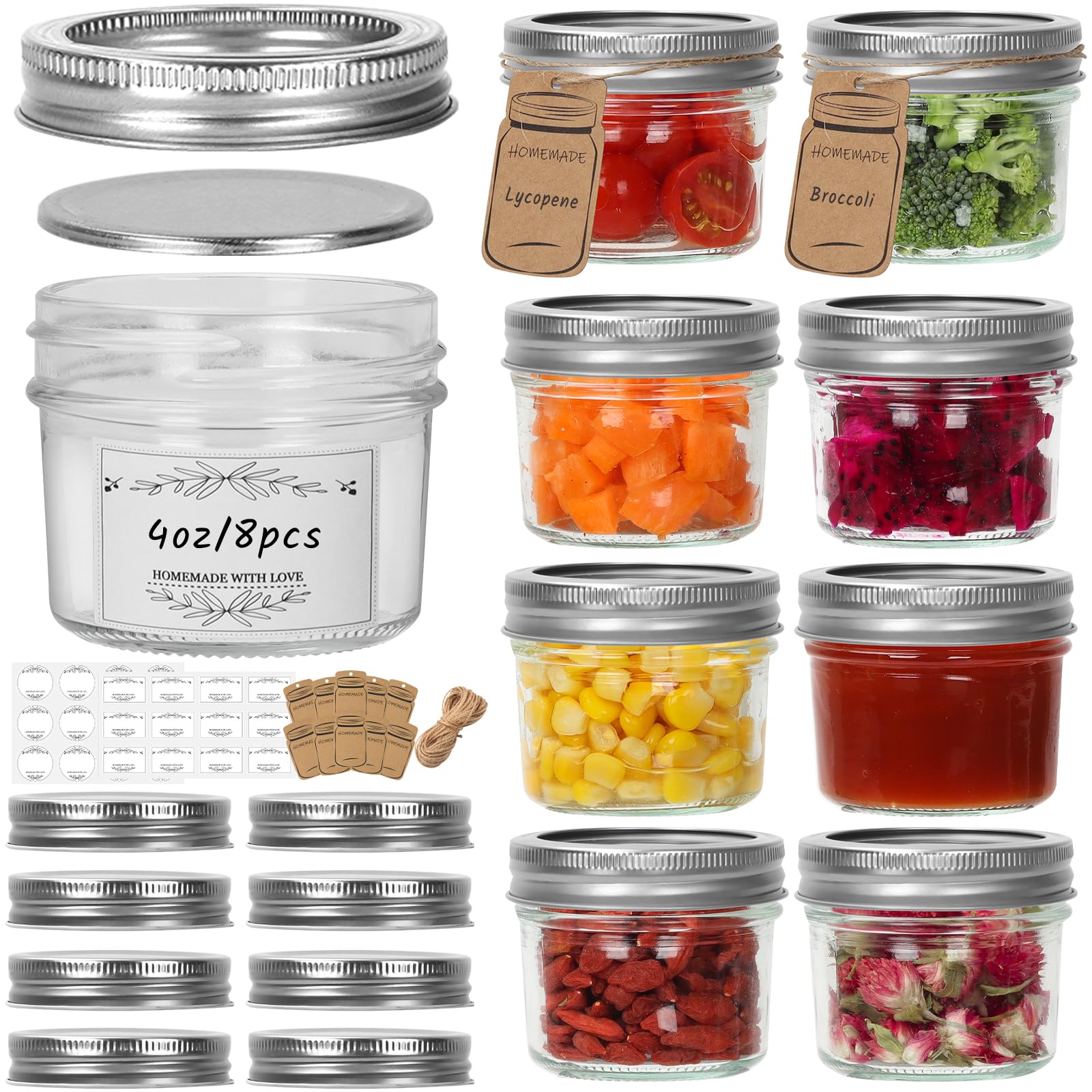 HYCKee Small Mason Jars 8 Pack, 4oz/120ml Mini Canning Jars with Regular Lids for Jelly Herbs Spice Honey Storage, Small Glass Jars Candle jars, Extra Lids Tags Label Included