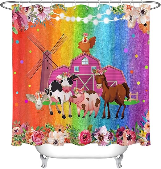 Amazon Com Bdhbhduio Rainbow Colors Background Cartoon Farm Animals Bathroom Shower Curtain Set Shower Curtain Bath Shower Bathroom Accessories Home Kitchen