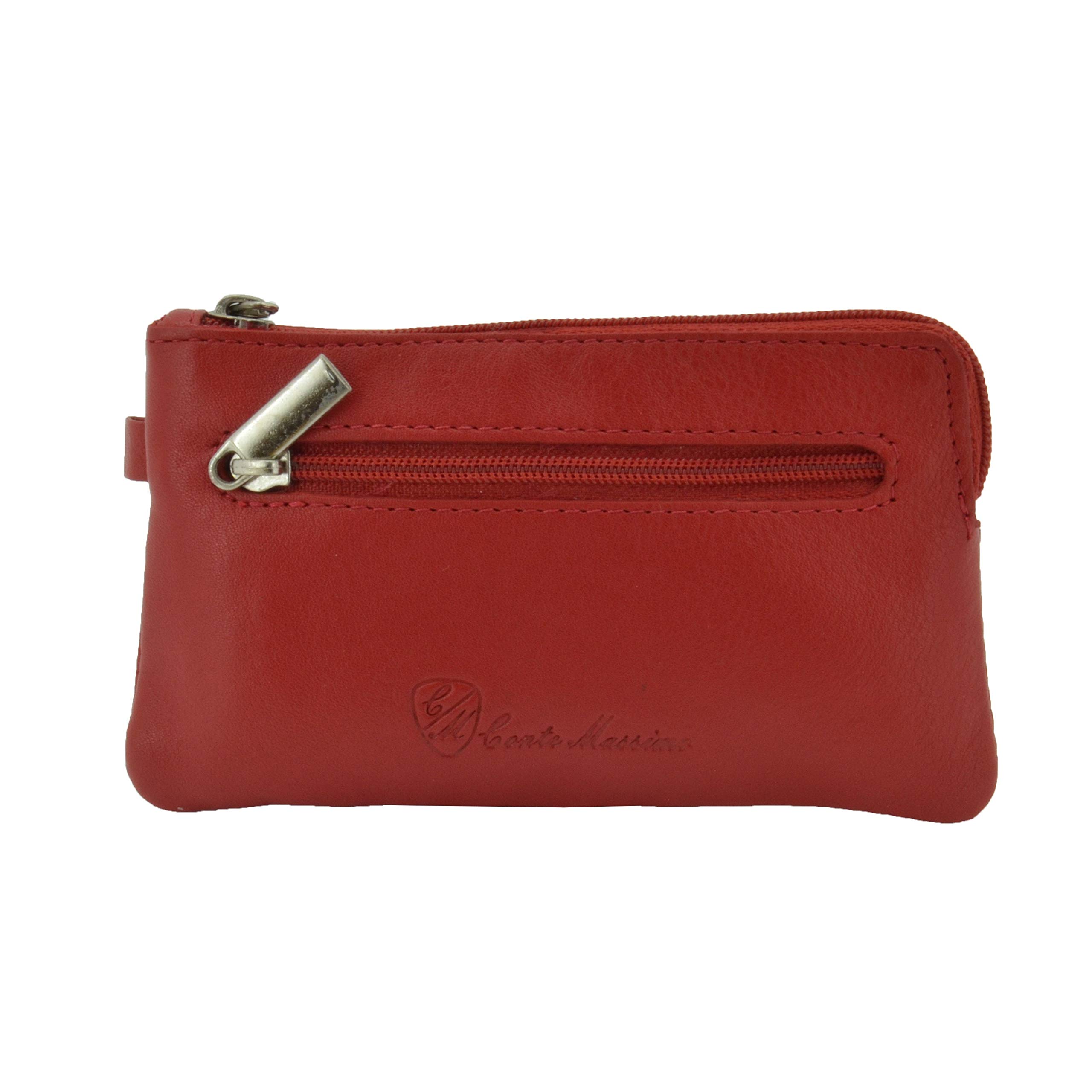 CM Conte Massimo Genuine Leather Key Case for Men Women, 2 Zip Pockets, 6 Hooks, Card Slot, Red, Gift Box