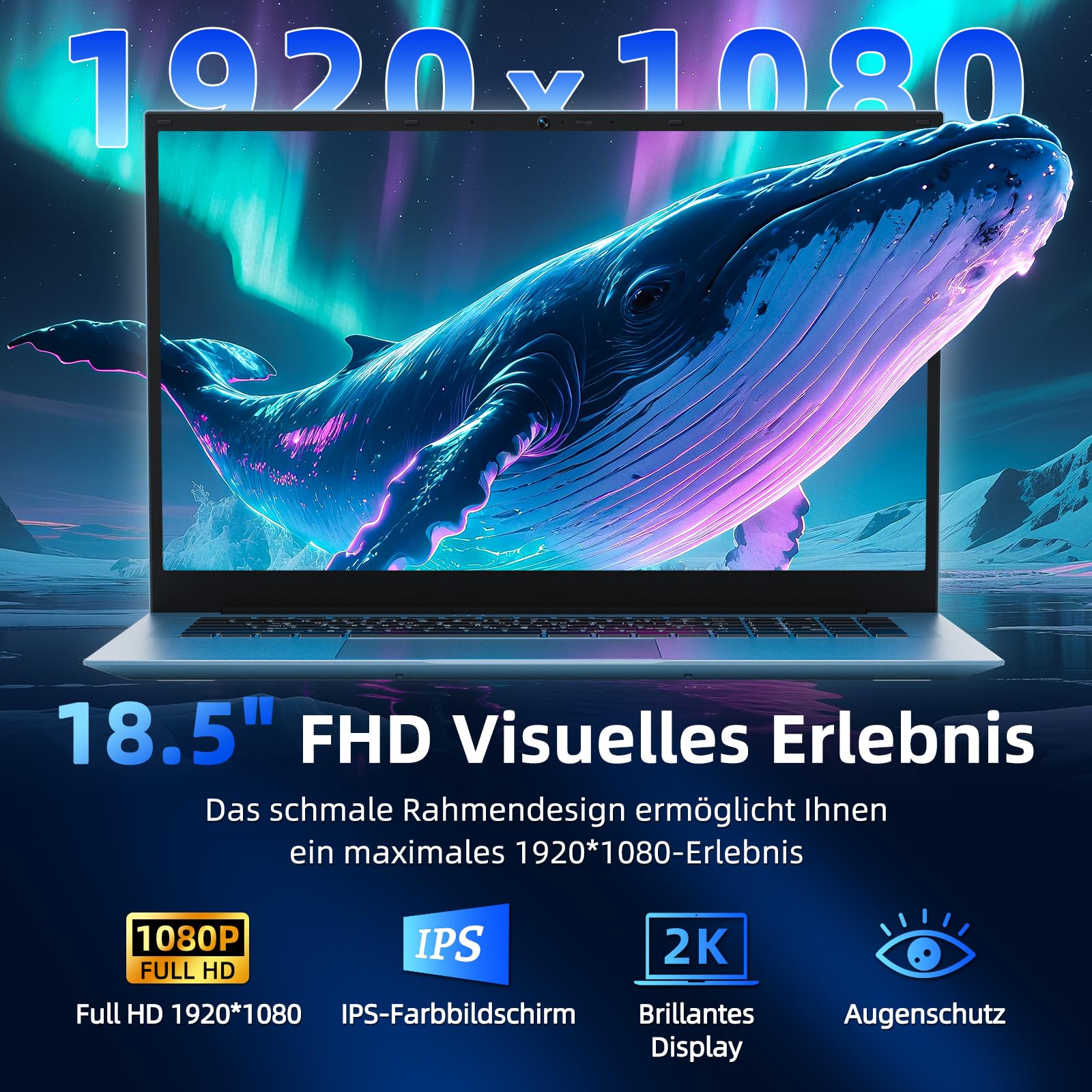 Liuord Laptop 18,5 Zoll 16GB RAM 256GB SSD, Copilot AI Notebook Core i3 (bis zu 3,9 GHz), 8000mAh Akku, Win 11, WiFi 6, FHD Display 180° Betrachtungswinkel, HDMI, USB-C Multifunktionsanschluss 2