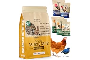 Hatortempt 5lb Grubs & Grits Organic Chicken Feed - 3 Grub Blend with Oyster Shells & Grits - Dried Mealworms for Chickens Plus Large & Small Black Soldier Fly Larvae - Food Designed for Foraging