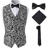 SuiSional 4 Pieces Precious Jacquard Paisley Suit Silvery Vest for Men,Silvery,3XL