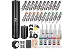 Tattoo Gun-BIOMASER Tattoo Kit Wireless Tattoo Gun Kit for Beginners Complete Rotary Tattoo Machine Set 20 Cartridge Needles,Extra tattoo battery Pack, Ink Set Tattoo Supplies