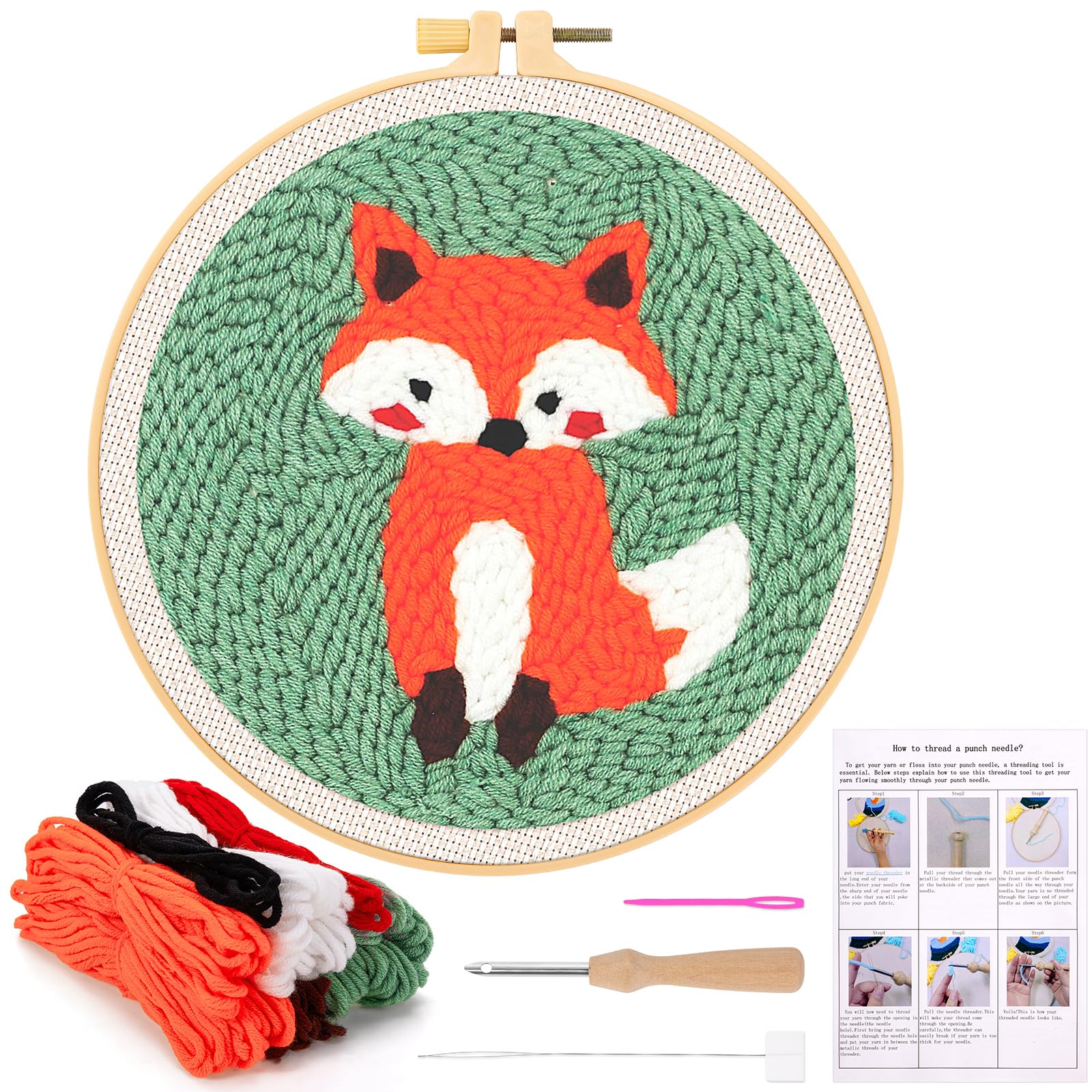 JSRQT Punch Needle Kit for Adults Beginners DIY Punch Needle Kits with Fox Pattern Handcraft DIY Embroidery Starter Kit Craft with Instructions Hoop Kit for Kids