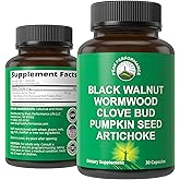 Wormwood Black Walnut Clove Cleanse for Humans. Elimination Detox + Intestinal Support Capsules Supplement for Adults and Kids. Pills with Artichoke and Pumpkin Seed for Additional Benefits