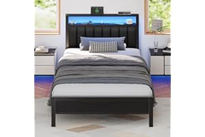Furnulem Twin Size Bed Frame with Charging Station and LED Lights, Platform Bed with Metal Slats, Grey Upholstered Headboard with 2-Tier Storage Shelves, No Box Spring Needed