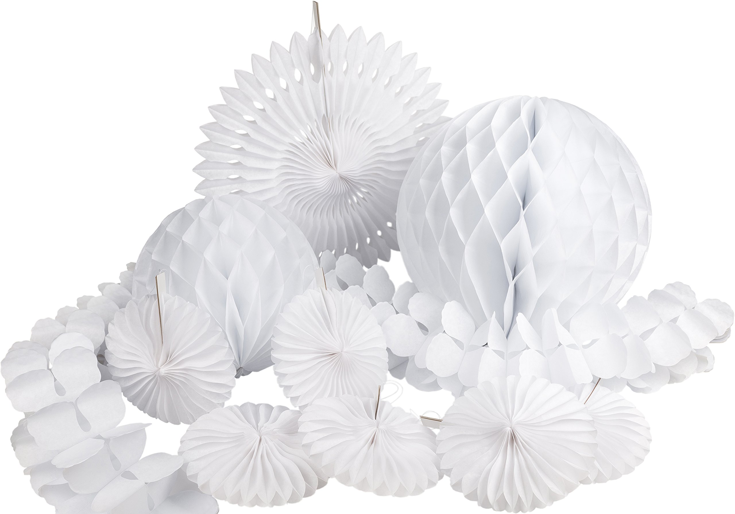 Heku 30008-06: Party Decoration Set with Honeycomb Balls, Decorative Fans and Paper Garland 10 Pieces, White