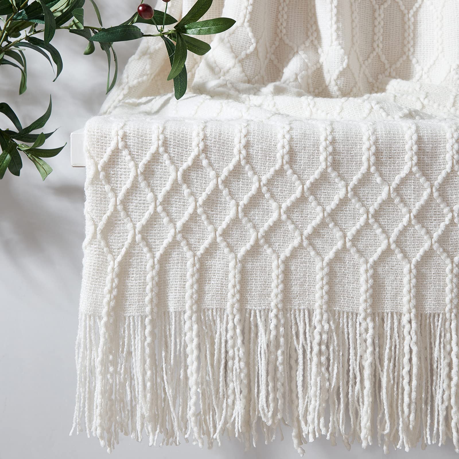 KASYLAN 100% Acrylic Knitted Throw Blanket Textured Solid Soft Decorative Throw for Sofa, Couch, Bed,127x152cm,Off White — image 1