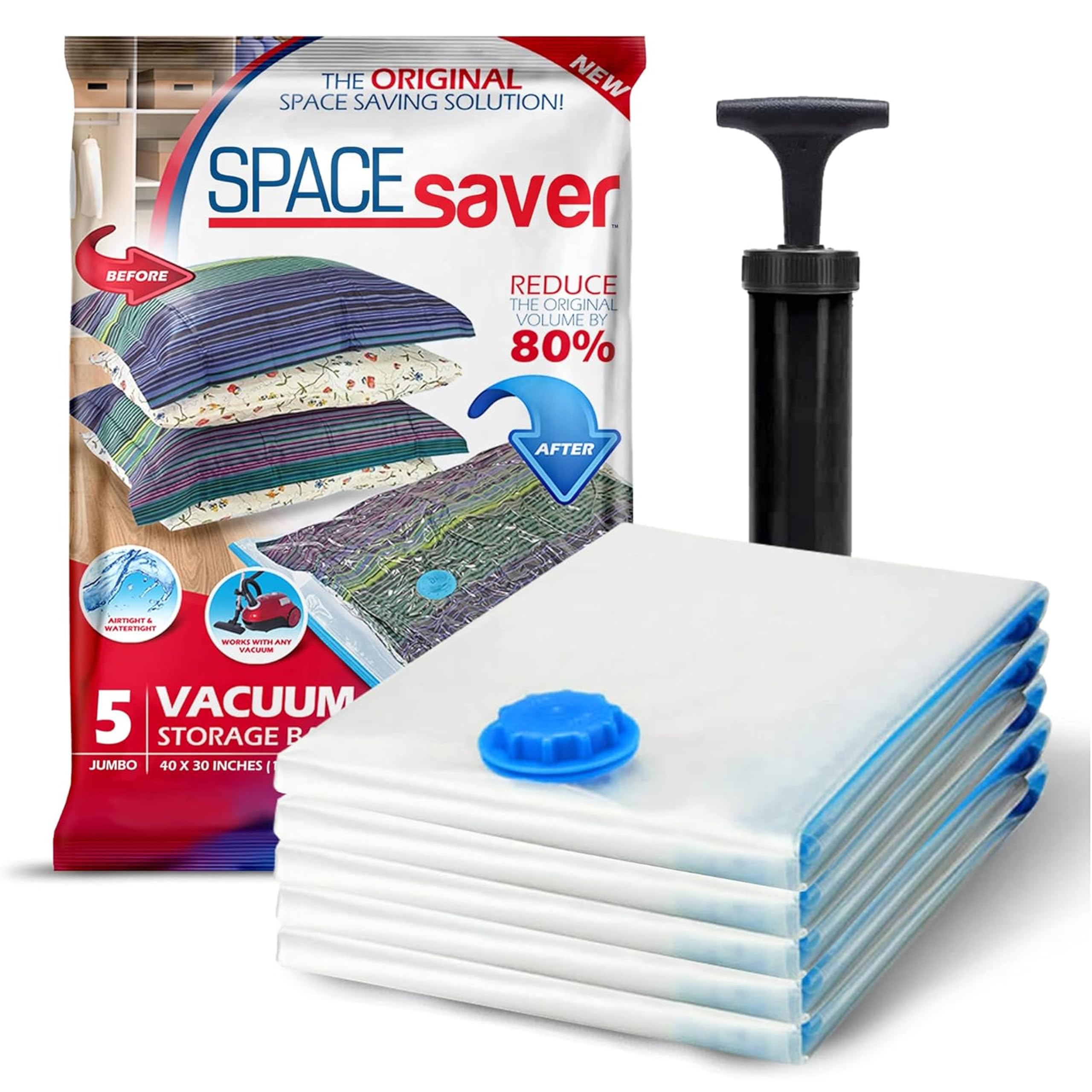 SpaceSaver Vacuum Storage Bags - JUMBO 5-Pack for Clothes & Bedding - With Pump