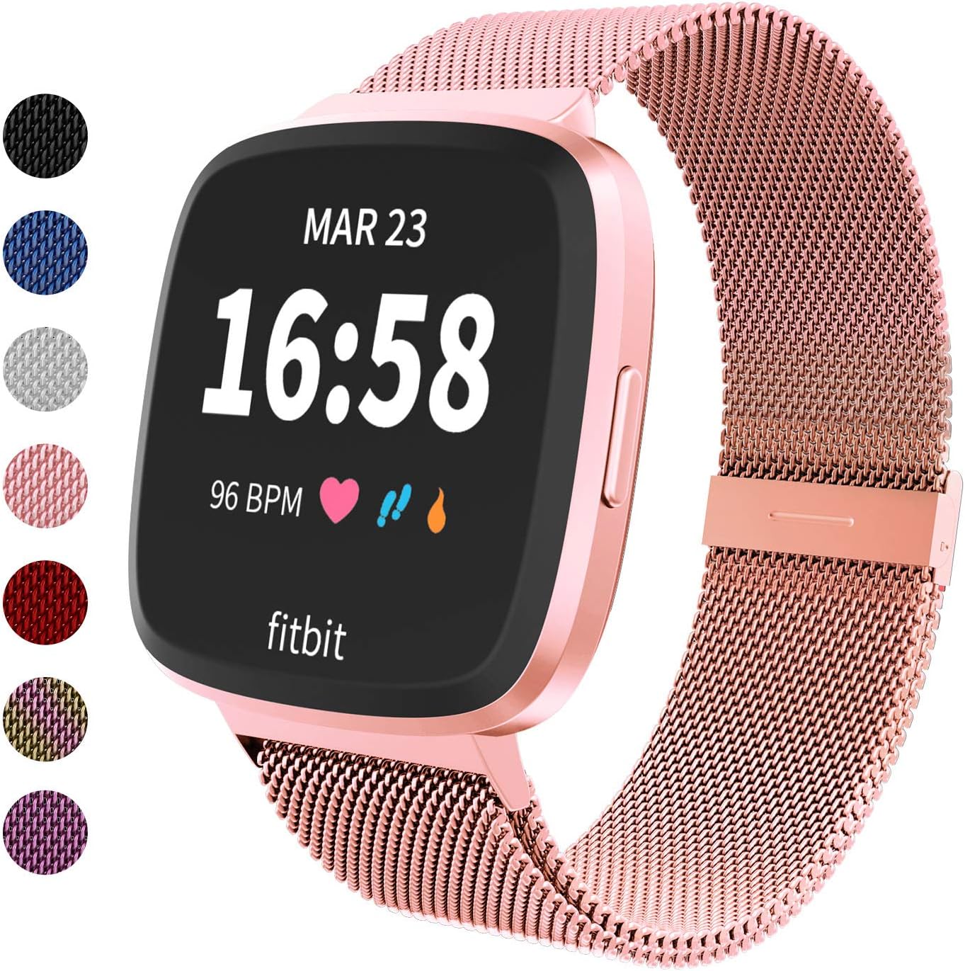 Haloe Metal Replacement Bands for Fitbit Versa/Versa 2/Versa Lite Edition Smart Watch, Stainless Steel Loop Mesh Bracelet Magnetic Wristbands for Women and Men