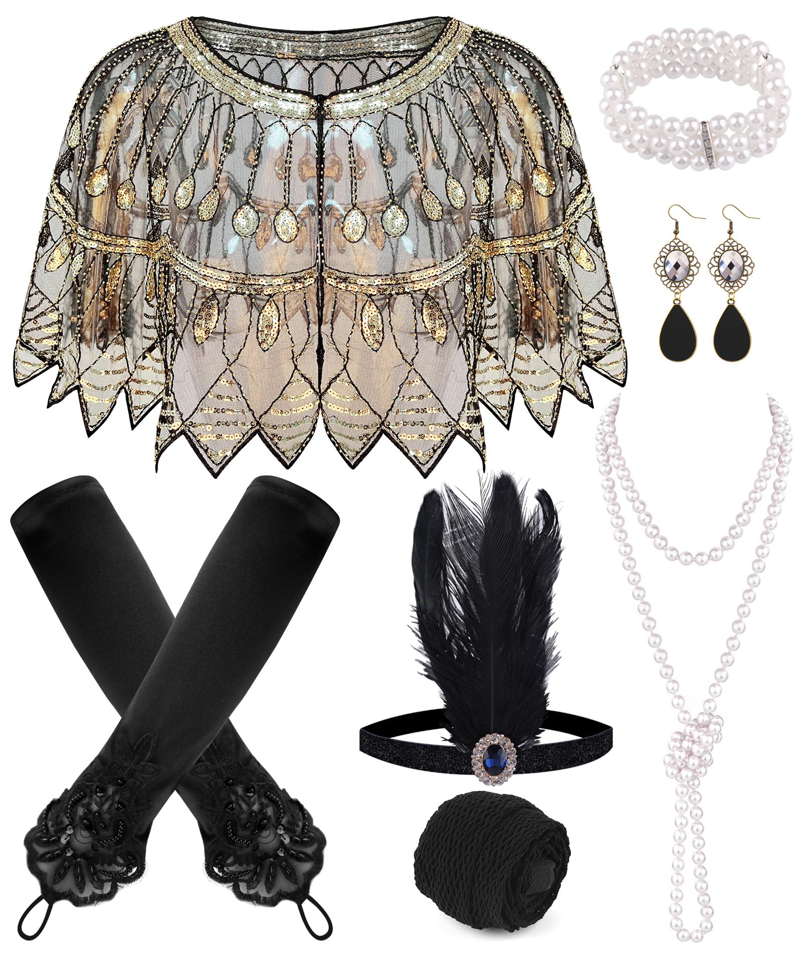 Photo 1 of PLULON 8 Pcs 1920s Flapper Accessories Set for Women, Great Gatsby Dresses Sequin Shawl Wraps Roaring 20s Dresses for Party with Feather Headband