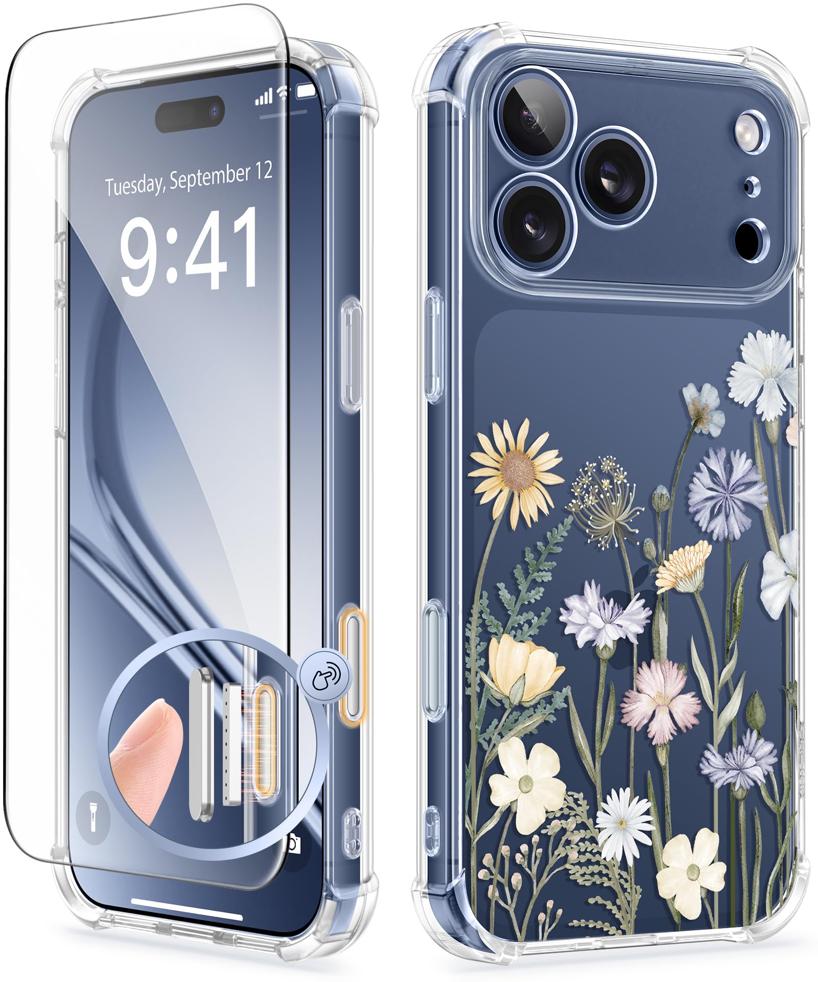 Photo 1 of GVIEWIN for iPhone 17 Pro Case with Screen Protector, Upgraded [Full Camera Protection] [Non Yellowing] Floral Slim Shockproof Clear Women Phone Cover for iPhone 17 Pro 6.3" (Vibrant Spring)