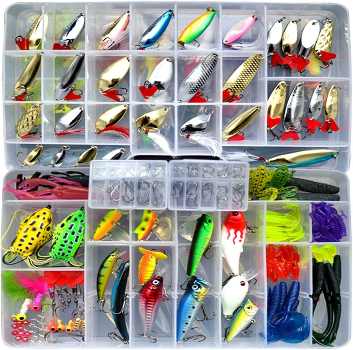 Fishinghappy 233pcs Set Bionic Fishing Lure Tackle Kit Set Topwater Frog Fishing Lure Fishing Hooks Minnow Crank Spoon Bait Spinner Lure Soft Grubs Shrimp Small Jig Head Lure Hard Metal Sequins Lure