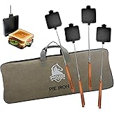 IPROUDER Campfire Pie Iron 4.9" Large Cast Iron Sandwich Maker for Camping 4 Pcs with Storage Bag - 22.6 inch Thickened Handles - Campfire Cooking Equipment for Grilling & Outdoor Cooking