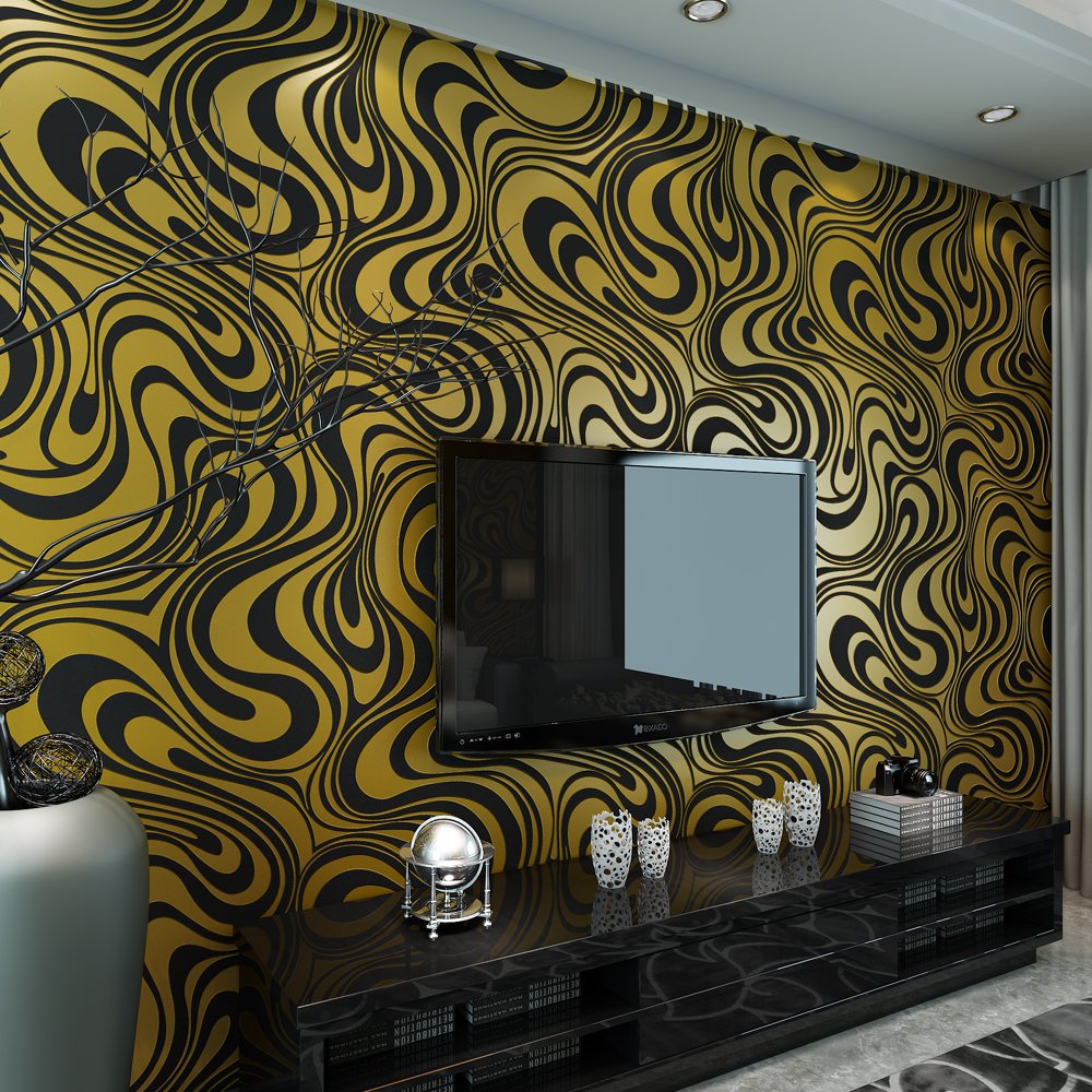 YangYun Home Decoration Modern 3D Abstract Curve Wave Non-Pasted Flocking Striped Wallpaper Roll for Living Room Bedroom Black&Gold Color 2.3'W x 27.56'L