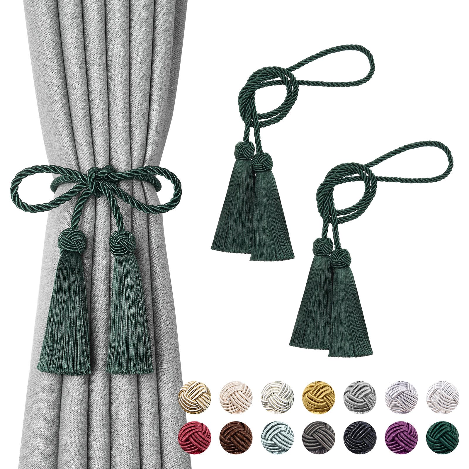 Pretty Jolly 2 Pack Double-ended Tassel Curtain Tiebacks Handmade Braided Rope Knot Drape Tie Backs European Style Decorative Curtain Holdbacks for Home & Office Window Drapery (Green)
