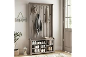 VASAGLE Hall Tree with Bench and Shoe Storage, Coat Rack with Shoe Bench, 7 Double Hooks for Jackets, Hats, Entryway, Bedroom, Living Room, 13.8 x 31.9 x 70.9 Inches, Heather Greige UHSR414G01