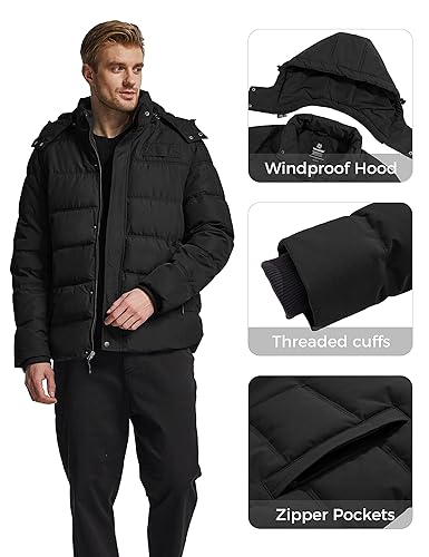 wantdo Men's Windproof Hooded Thicken Winter Coat Puffer Jacket with Hood  (Black, Medium)