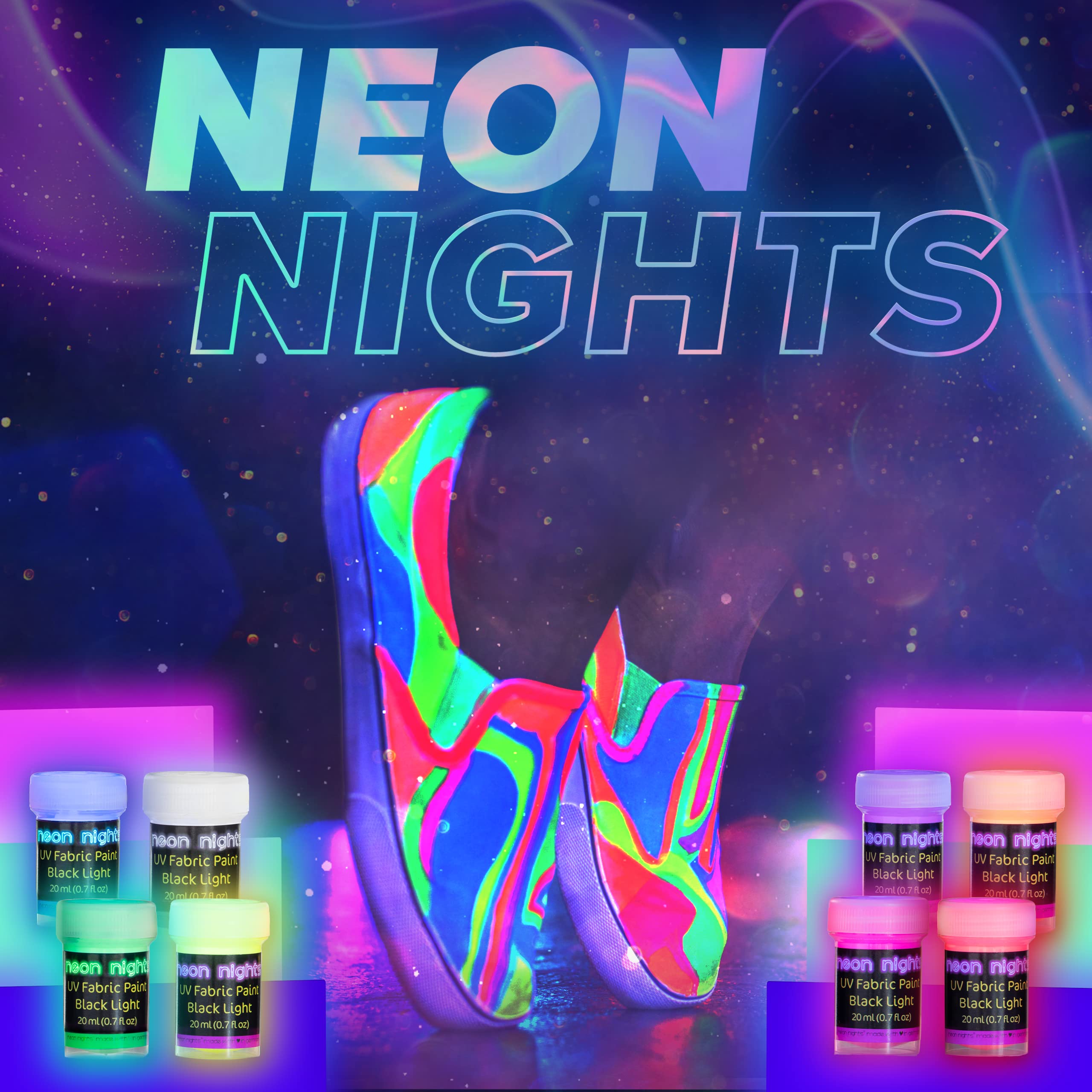 Glow in The Dark Fabric Paint - Pack of 8 Neon Fabric Paint Colors for Clothes & Textiles - UV and Blacklight Clothing Paint for Halloween Costumes, Easter Egg Painting Decoration - 20 mL