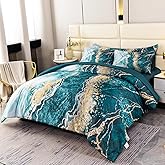 PERFEMET 6 Pieces Full Size Comforter Set Aqua Gold Bed in A Bag Watercolor Marble Bedding Comforter with Sheets Soft Lightweight Abstract Artwork Green Bed Sets for All Season Use(Aqua, Full)