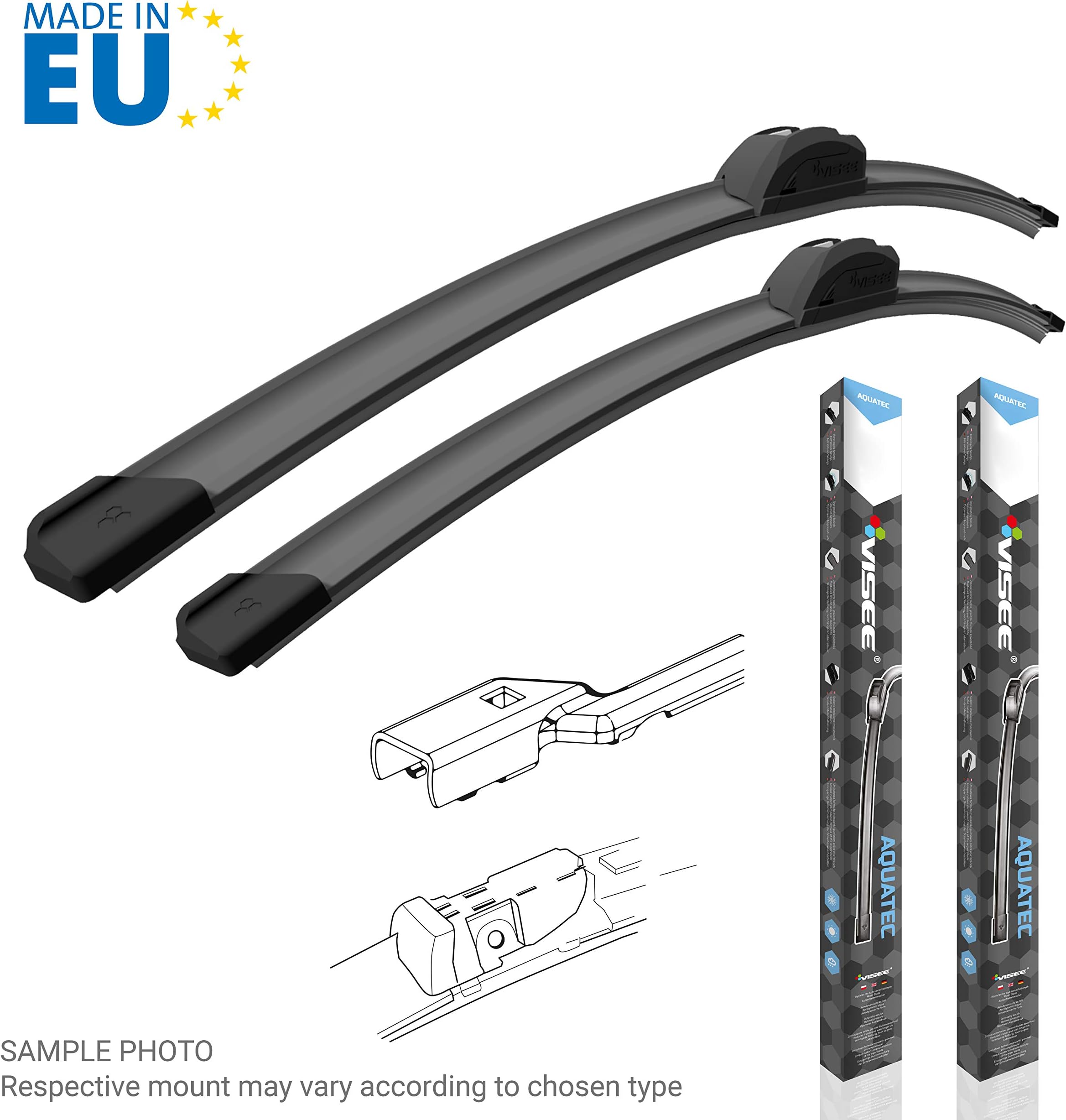 Set of 2 VISEE high quality licensed alternative replacement all seasons wiper blades for listed car models; [see variation description]; mount and size C 530/480 mm
