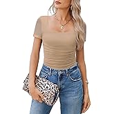 Avidlove Women's Short Sleeve Bodysuit Square Neck Sheer Mesh Bodysuit Leotard Ruched Thong Body Date Outfits Going Out Tops