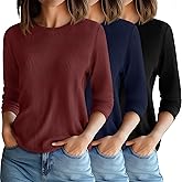 Riyiper 3 Pack Ribbed Knit 3/4 Sleeve Tops for Women Round Neck Basics Tees Casual Trendy Loose Fit T Shirts Blouses