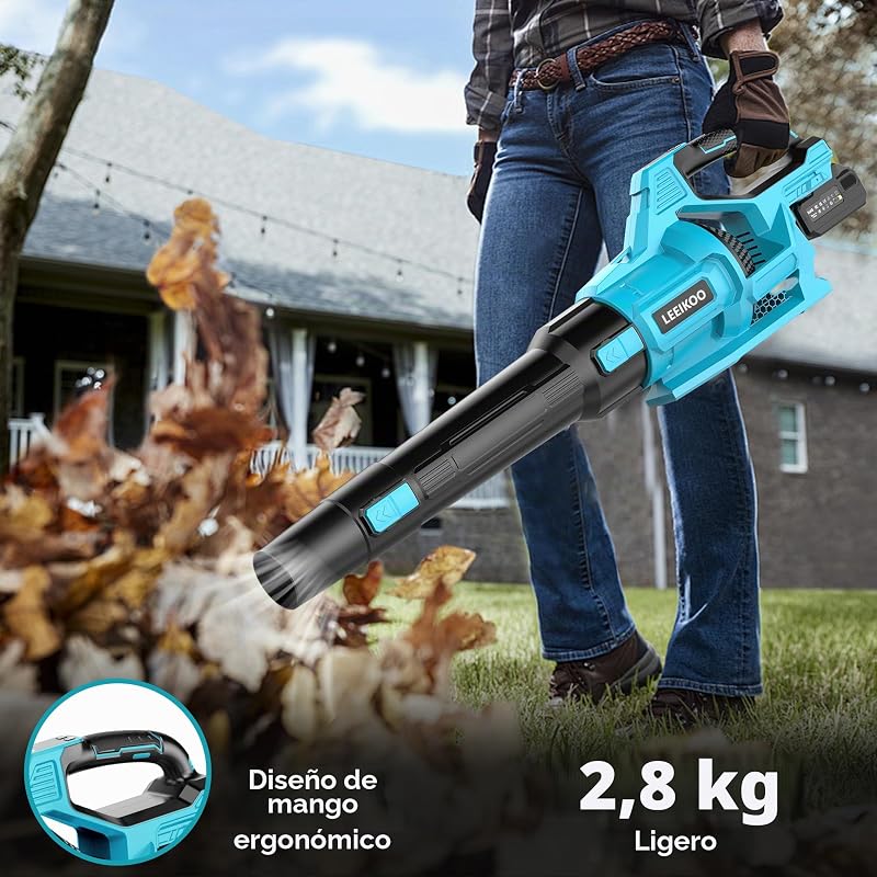 Soplador de Hojas, Soplador Bateria 21V con 2 Baterías de 4.0Ah, 3 Ajustes de Velocidad, 2 Tubos de Soplado, Correa para el Hombro para Soplar Hojas, Nieve, Polvo y Residuos