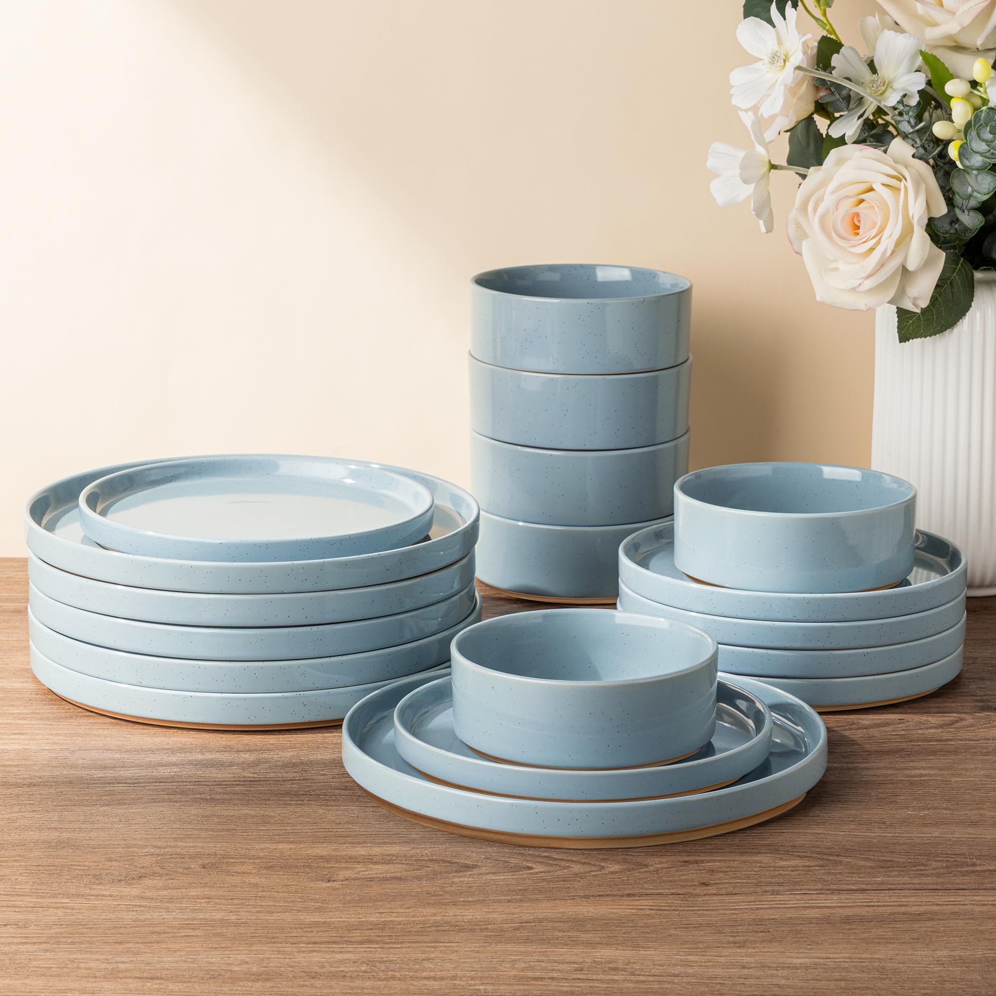 AmorArc Ceramic Dinnerware Set for 8 | Speckled Stoneware Plates and Bowls with Rustic Terracotta Underside| Scratch Resistant,Dishwasher & Microwave Safe Dishes Sets- 24pcs Blue Image