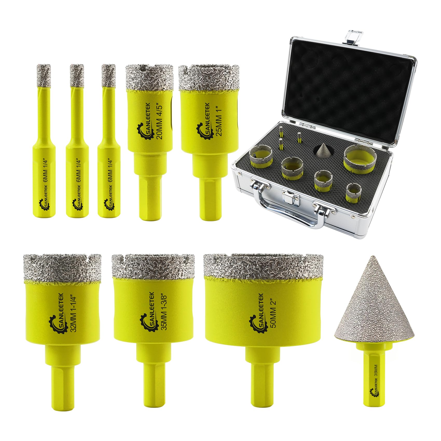 Diamond Core Drill Bits Set - 9pcs(6/6/6/20/25/32/35/50mm+35mm Beveling Chamfer Bit) Hole Saw Kit with Triangle Shank for Porcelain Tile Ceramic Granite Marble SANLEETEK — image 1