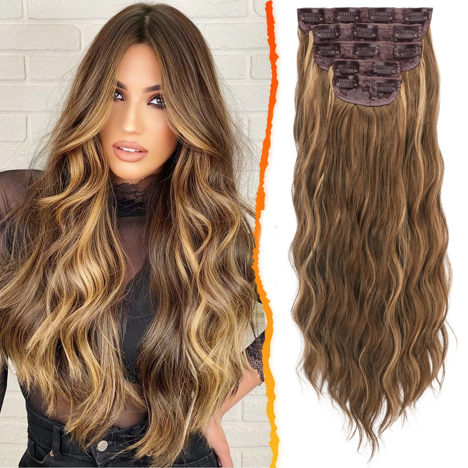 Photo 1 of BARSDAR Wavy Clip in Hair Extensions - 20 Inch Highlight Clip in Hair Extensions for Women - 5PCs Thick Soft Synthetic Hairpieces Daily Party Halloween - Brown & Caramel Blonde