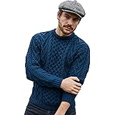 SAOL 100% Merino Wool Men's Irish Traditional Aran Crew Neck Cable Knit Sweater Pullover