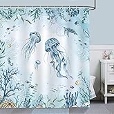 Bonhause Jellyfish Shower Curtain, Teal Blue Ocean Turtle Coastal Beach Bathroom Curtain 72x72 Inch Polyester Fabric Waterproof Bath Curtain with 12 Hooks