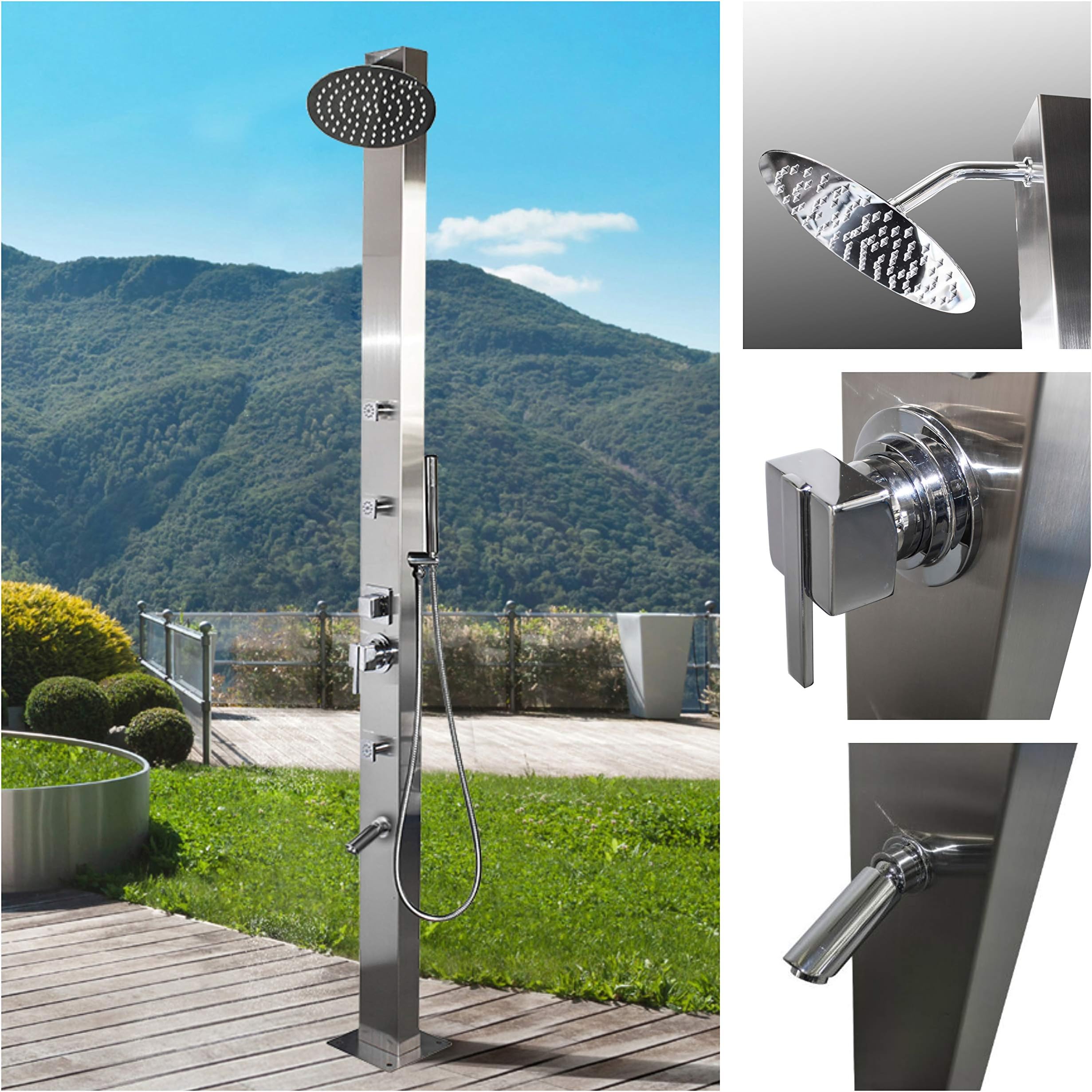 No Worries Products 316 Marine Grade Stainless Steel Massage Outdoor Shower Panel (Milan) Swimming Pool Backyard Bathroom Hot & Cold Rainfall Hand Held Wall Mounted or Free Standing Outside Shower