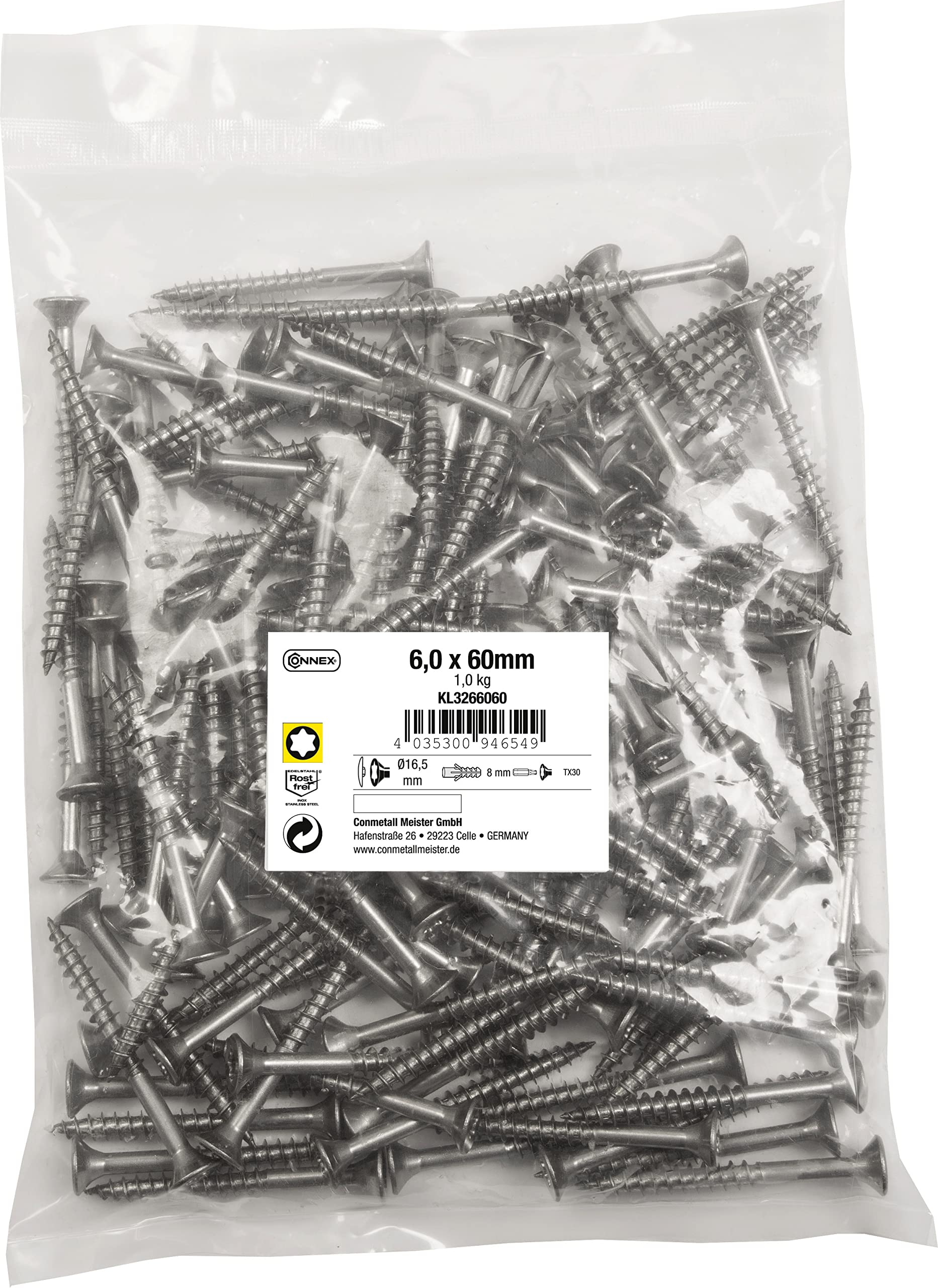 Connex KL3266060 Universal Screws 6.0 x 60 mm - 1 kg Bulk Pack - Countersunk Head - TX Drive - Partial Thread - Stainless Steel/Screw Set/Screws in Bag