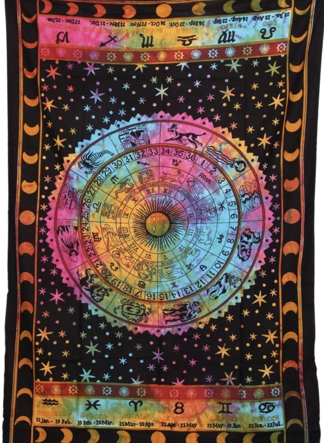 Original Kikan Tie Dye Mandala Tapestries Home Decor Wall Hanging Tapestry Indian Hippie Elephant, yin yang, Dream catcher, Wolf Bohemian Boho Multicolour Cloth Wall Art 140 x 200 cms (Multi Zodiac)