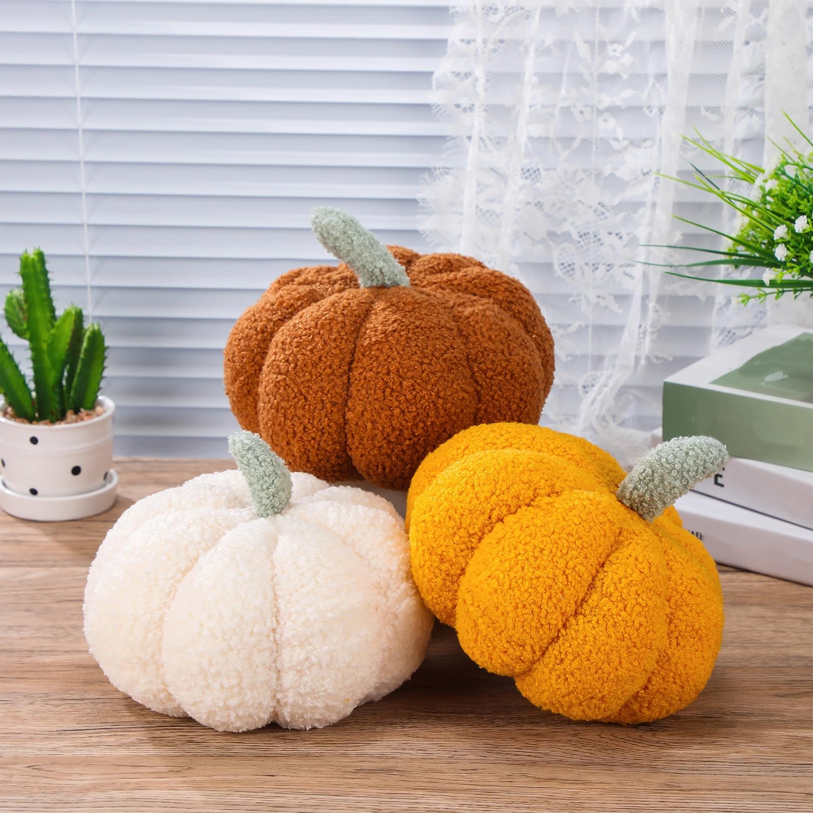 Namalu 3 Pcs Thanksgiving Pumpkin Pillows 3D Throw Cushion Soft Sofa Pillows Stuffed Pumpkin Decoration for Fall Winter Living Room Home Christmas Thank You Gifts(7.87 Inch,White, Yellow, Brown)