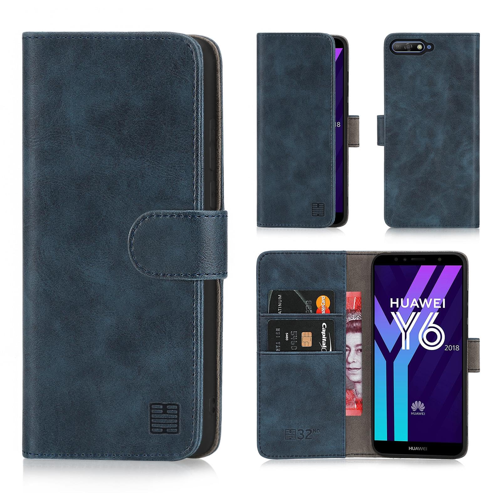 32nd Essential Series - Book Wallet PU Leather Flip Case Cover For Huawei Y6 (2018), Design With Card Slot and Magnetic Closure - Navy Blue