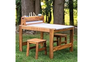 Guidecraft Acadia Outdoor Art Table and Stool Set: Kids Acacia Wood Arts and Crafts Table w/ 2 Chairs, Mobile Storage Paper Roll, and Paint Cups for Drawing, Painting and Toddler Picnic Activities