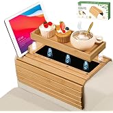 Joy&amp;Grace Couch Arm Tray, 3-in-1 Magnetic Detachable Sofa Arm Table with Phone and Tablet Holder Bamboo Couch Cup Holder, Foldable Console Table for Eating, Drinks, Phones (Natural)