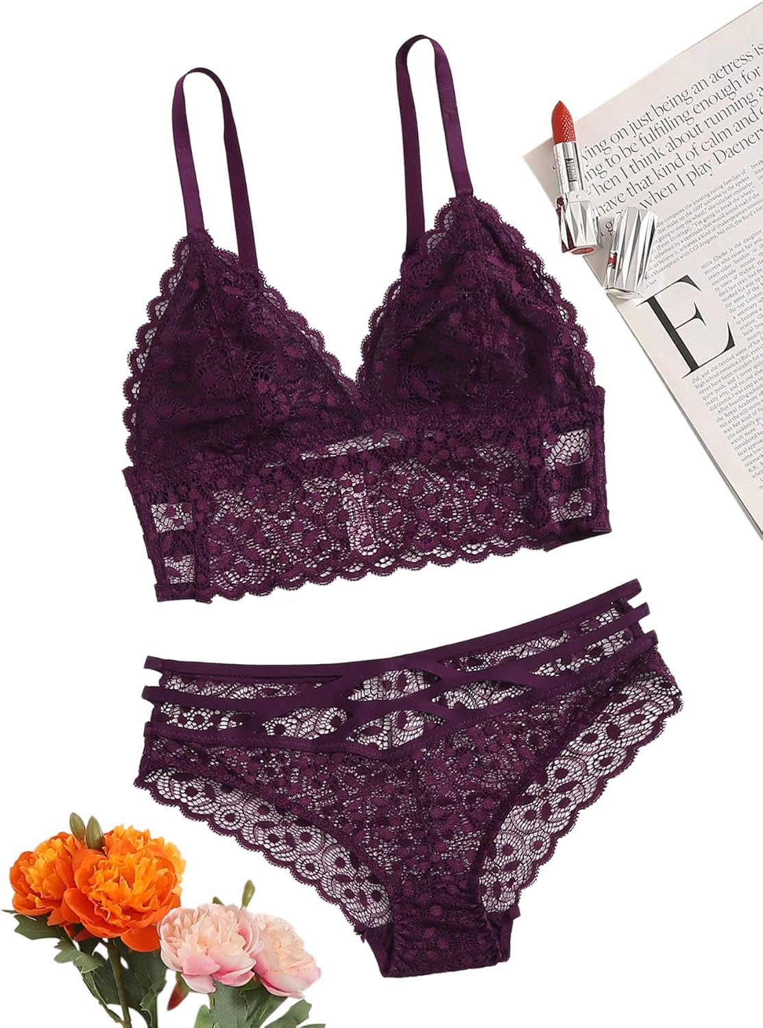 SweatyRocks Women's Bra and Panty Set Floral Lace Two Piece Bralette Lingerie Set: Clothing